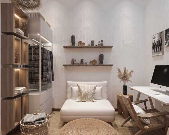 A modern and welcoming entryway featuring a combination of natural elements and contemporary design. This 3D visualization showcases a compact and stylish entryway that maximizes space without sacrificing style. To the left, a modular wardrobe with a mixture of walnut wood and white finish offers a practical storage solution for coats and shoes, illuminated by subtle internal lighting. A plush, cream-colored chaise lounge provides a comfortable seating area, adorned with a geometric-patterned cushion. Above, wooden shelves host a variety of decorative items, infusing personality into the space. To the right, a modern workspace features a sleek white desk, complemented by a wooden chair that adds warmth to the room. The wall decor includes an iconic music poster, creating a focal point and expressing individual taste. A circular, woven floor mat and pampas grass in a black vase contribute to the natural yet sophisticated ambiance of the entryway, welcoming guests with its intimate and refined charm.