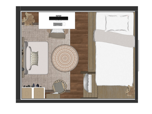 An overhead layout plan of a cozy bedroom featuring a blend of warm wood flooring and soft textures. The image provides a bird’s-eye view of a well-organized bedroom layout. It features a large bed centered against the main wall, with crisp white bedding and a complementing taupe headboard. To the side, a circular natural fiber area rug anchors the space, adding an organic touch. Practical elements like a sleek work desk, a full-length mirror, and ample storage with basket drawers ensure functionality without compromising style. The earthy color palette and mix of materials create an inviting and tranquil ambiance, suitable for relaxation and rest.