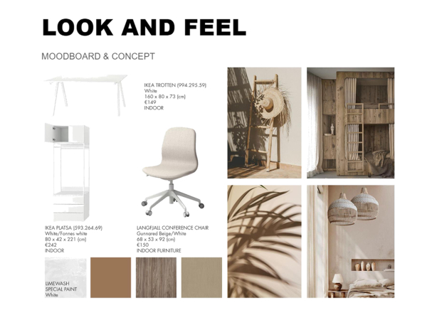 A mood board displaying a curated selection of IKEA furniture, paint swatches, and interior inspirations, combining clean whites with rustic wood textures. The image showcases a mood board for an interior design concept titled "LOOK AND FEEL", which masterfully blends modern and rustic elements. The selection includes IKEA's TROTTEN desk and LANGFJALL chair in muted tones, juxtaposed with a natural wooden cabinet and wicker lampshades, suggesting a balance between sleek modernity and earthy warmth. The design elements are complemented by swatches of limewash paint, emphasizing a minimalist yet cozy atmosphere. This visual collage serves as a roadmap for creating a harmonious and inviting space, where every detail contributes to the overall aesthetic.
