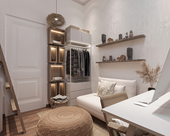 A sophisticated and well-organized bedroom featuring a workspace with a white desk, an integrated wardrobe, and tasteful decor. This 3D visualization presents a beautifully arranged modern bedroom with multifunctional furniture. Against one wall, a sleek, white desk is accompanied by a comfortable sofa bed, offering a compact and versatile living solution. Above the desk, open wooden shelves hold decorative items, contributing to the room's aesthetic while saving space. To the left, a smart wardrobe system with open and closed storage options is seamlessly integrated, providing ample room for clothing and accessories. The use of natural textures and soft lighting, including a chic pendant light with a nest-like design, adds warmth to the clean, white-dominated color palette. Strategic placement of houseplants and a large, woven floor cushion enhance the tranquil, inviting atmosphere. This design smartly balances functionality with modern elegance.