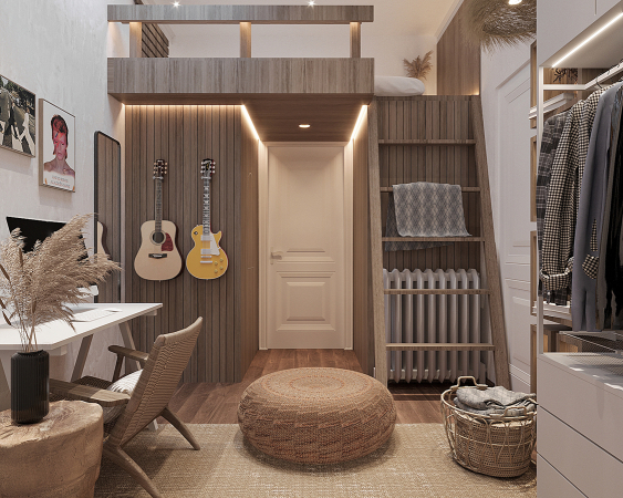 A stylish and compact work area with a raised sleeping loft, featuring guitar decor and warm lighting. This 3D rendering shows a creatively utilized small space that serves as both a work area and a bedroom. Beneath a lofted bed platform, a natural wood desk with a wicker chair provides a cozy work or study nook. Decorated with mounted guitars and a music icon poster, the room caters to a music enthusiast's passion. The use of vertical space is smart, with open shelving displaying books and a comfortable throw, suggesting a restful reading corner. Warm lighting from strip LEDs and a stylish pendant light illuminates the room, accentuating the warm wood tones and textured walls. A large round woven floor cushion and a basket with cozy blankets invite relaxation. Overall, the room combines functionality with personal interests, creating an intimate retreat for creativity and rest.