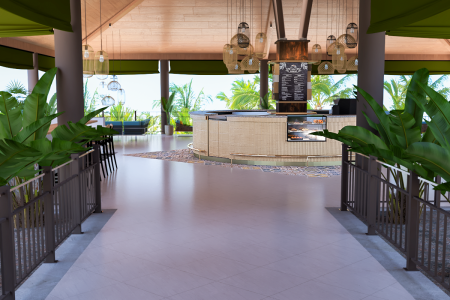 An open-air resort-style lounge area with a central bar surrounded by lush tropical plants, hanging wicker lamps, and casual seating under a wooden-beam ceiling. This image transports viewers to a serene lounge area that epitomizes a tropical getaway. The open-air setting is designed with a spacious layout, inviting guests to relax in a tranquil environment. A central bar, crafted with a naturalistic design and displaying a selection of fresh bakery items, stands as the focal point. Overhead, wooden beams support a ceiling that complements the array of intricately woven wicker lamps, casting a soft, warm glow across the space. The surrounding greenery adds a touch of privacy and a fresh, organic feel, enhancing the overall ambiance. Casual seating options are thoughtfully arranged, offering a perfect spot to unwind and socialize while enjoying the tropical climate and the leisurely pace of resort life.