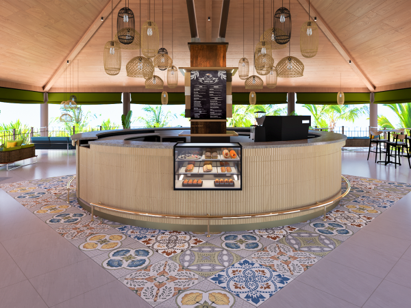 An open-air bar pavilion with an array of hanging rattan lamps, a central display of freshly prepared food, encircled by a colorful, patterned mosaic floor, under a vaulted wooden ceiling. This vibrant setting captures the essence of a tropical paradise. At the heart of the pavilion, a semi-circular bar stands elegantly, its counter showcasing a tempting selection of fresh foods behind a glass case. Above, an assortment of rattan lamps descends from the rich, wooden ceiling, each casting a warm, inviting glow. The bar area is framed by an exquisite mosaic floor, where intricate patterns and bold colors create a carpet of artwork underfoot. Open sides of the pavilion offer panoramic views of lush greenery and azure skies, blurring the lines between indoor comfort and the natural beauty of the tropics. This space is a celebration of design that complements its idyllic setting.