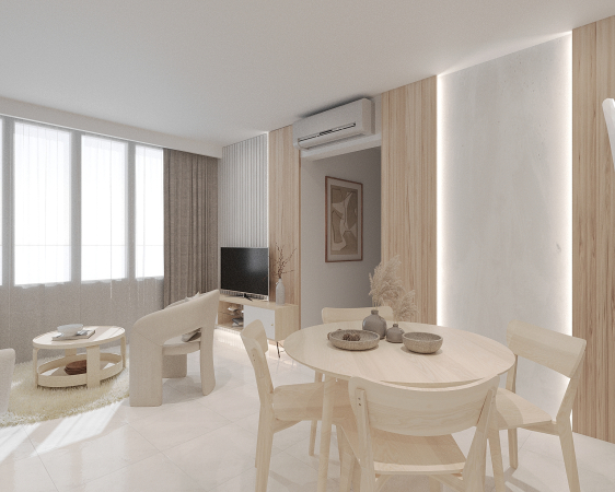 An open-concept living and dining space with natural wood furniture, cream accents, and strategic lighting creating a warm, inviting atmosphere. This open-plan area harmoniously blends the living and dining spaces, marked by a modern minimalist aesthetic. The dining area is centered around a round, natural wood table surrounded by matching chairs, fostering a convivial atmosphere for meals and gatherings. Over in the living space, a plush cream sofa invites relaxation, facing a sleek TV setup for entertainment. The room is characterized by light wood paneling and cream accents, which echo the sandy hues of the adjacent dining set. Strategic lighting along the wall adds a dramatic element, casting a warm glow and accentuating the room's architectural features. Floor-to-ceiling curtains in a soft fabric ensure privacy while diffusing sunlight, enhancing the serene and welcoming ambiance of the space.