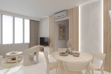 An open-concept living and dining space with natural wood furniture, cream accents, and strategic lighting creating a warm, inviting atmosphere. This open-plan area harmoniously blends the living and dining spaces, marked by a modern minimalist aesthetic. The dining area is centered around a round, natural wood table surrounded by matching chairs, fostering a convivial atmosphere for meals and gatherings. Over in the living space, a plush cream sofa invites relaxation, facing a sleek TV setup for entertainment. The room is characterized by light wood paneling and cream accents, which echo the sandy hues of the adjacent dining set. Strategic lighting along the wall adds a dramatic element, casting a warm glow and accentuating the room's architectural features. Floor-to-ceiling curtains in a soft fabric ensure privacy while diffusing sunlight, enhancing the serene and welcoming ambiance of the space.