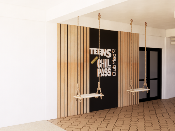 A modern recreational space with 'TEENS CHILL PASS' signage on a wooden slat wall, flanked by swinging rope seats. This recreational space is designed to be a haven for teenagers, with a bold and inviting 'TEENS CHILL PASS' sign emblazoned across the wooden slat wall, indicating a special area where young people can relax and be themselves. The rope swings add an element of fun and a laid-back vibe, inviting teens to step away from the rigors of daily life and enjoy a moment of leisure. The warm wood tones against the black contrasts create a trendy and modern look, making it a perfect backdrop for socializing, gaming, or just chilling out. This design encapsulates the essence of a teen's desire for a cool and exclusive hangout spot.