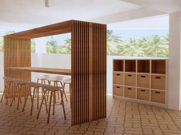 A modern dining area with wooden slat partitions, sleek stools, and a tropical view. Nestled in a corner that captures the essence of modern tropical design, this dining space is defined by its use of natural materials and open, airy architecture. Wooden slats create a semi-private partition that adds warmth and texture without sacrificing the open feel of the area. A set of sleek, minimalist stools line the wooden bar, inviting casual dining with a view of the lush palms swaying just beyond the large windows. The clean lines of the white cabinetry complement the wooden tones, resulting in a space that feels both grounded and elevated. Ideal for a quick morning espresso or a leisurely brunch, the simplicity of the design underscores the beauty of its natural surroundings.