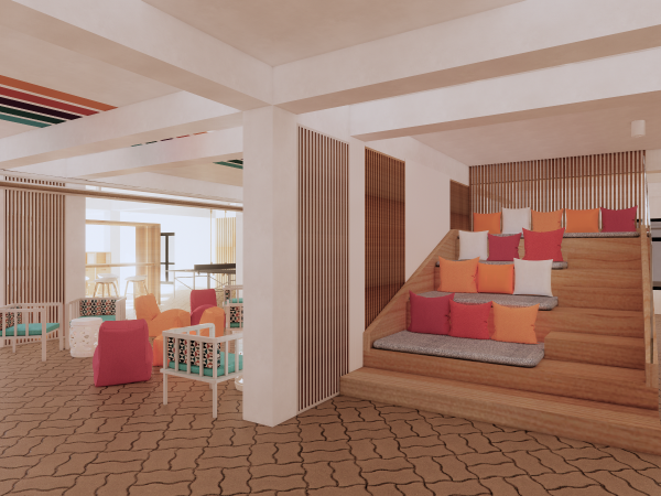 A cozy lounge area with wooden steps lined with colorful cushions, wooden slat dividers, and lively accent chairs. This lounge space is a symphony of color and comfort, designed to encourage relaxation and social interaction. Wooden steps double as seating, adorned with a cascade of plush cushions in vibrant hues of orange, red, and pink, inviting visitors to settle in for conversation. Wooden slat dividers create an intimate space without closing off the room, maintaining an open and inclusive environment. Accent chairs in cheerful orange and pink complement the inviting atmosphere, while patterned tiles add a playful touch to the minimalist tables. This is a corner where comfort and style coalesce, perfect for both lively social gatherings and moments of personal respite.