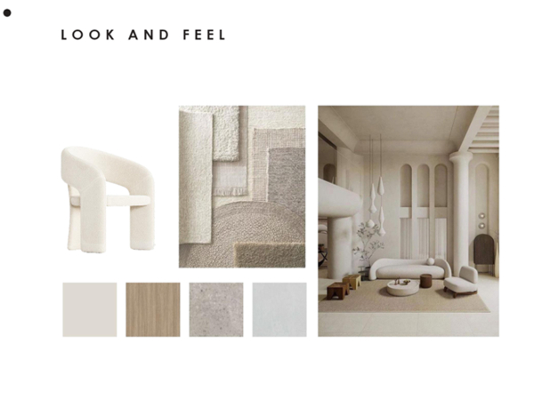 Collage of modern minimalist furniture and interior design materials in neutral tones with a focus on texture and form. This mood board encapsulates the "look and feel" of a modern minimalist interior design concept, where comfort meets elegance in a neutral palette. A bold, curvilinear armchair takes center stage, its creamy fabric upholstery epitomizing both comfort and contemporary chic. Adjacent to it are samples showcasing a range of textures—from the plush softness of the beige carpet to the smooth, refined surfaces of wood and stone. These material swatches not only hint at the tactile experience of the space but also reflect the serene and monochromatic color scheme that defines the aesthetic. The accompanying room visualization emphasizes architectural beauty through rounded furniture forms and graceful columns, all bathed in a tranquil, light-filled ambiance that speaks to a haven of sophisticated tranquility.