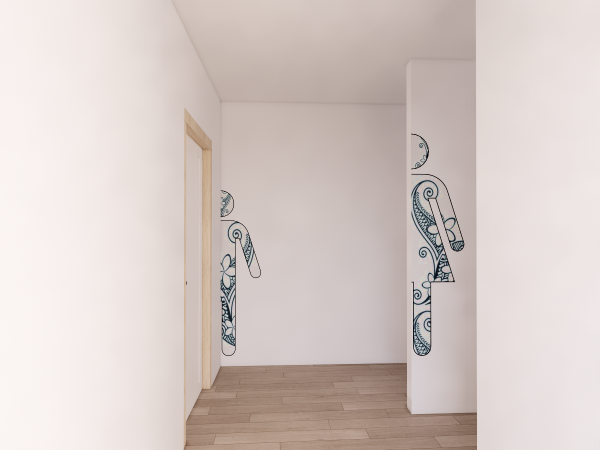 An image of a minimalist entryway, featuring herringbone wood flooring and whimsical wall art with tribal-inspired patterns. The image captures a tranquil entryway that greets visitors with its minimalist charm. The herringbone pattern of the wooden floor gives depth and warmth to the space, while the walls, adorned with tribal-inspired art, add a touch of whimsy and cultural elegance. The simple wooden door complements the floor, tying the natural elements together. This design speaks to a serene and inviting atmosphere, making a subtle yet impactful statement. It's a space that celebrates clean lines and artistic expression, ideal for modern living that values understatement and sophistication.