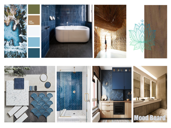A collage mood board for interior design with various shades of blue, showcasing natural inspiration, texture samples, and interior images. This mood board is a visual compilation of inspiration and materials for an interior design project centered around a palette of blue hues. The top left corner features an aerial view of a natural blue water pool, suggesting the project's aquatic inspiration. Adjacent, a range of blue color swatches complements the natural tones. The top right showcases a wooden texture with a superimposed delicate mandala, adding an artistic and organic element. The middle row presents a curated selection of materials including terrazzo, deep blue tiles, and sophisticated finishes alongside a modern round mirror. Below, a stylish blue-tiled shower area emphasizes geometric patterns, while kitchen and bathroom vignettes reveal how these elements come together in harmony. The mood board effectively conveys a cohesive design narrative that marries the tranquility of nature with contemporary style.