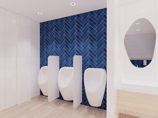 A men's washroom interior featuring white urinals against a vibrant blue herringbone tiled wall with a modern oval mirror reflecting the pattern. This men’s washroom interior exemplifies modern design with its minimalist fixtures and bold accent wall. Three white urinals are mounted against a backdrop of deep blue tiles laid in an elegant herringbone pattern, providing a striking contrast with the otherwise pristine white walls and wood-look flooring. An oval mirror with a sleek profile reflects the blue tiles, adding depth and continuity to the space. The simplicity of the design elements combined with the vibrant blue creates a clean, refreshing atmosphere that's both functional and stylish. This washroom design balances privacy and openness, offering a contemporary take on commercial bathroom aesthetics.