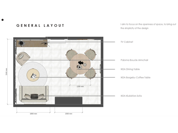 Overhead layout of a living room with labeled furniture including a TV cabinet, Paloma Boucle armchair, IKEA dining table, IKEA Borgeby coffee table, and IKEA Klubbfor sofa. The general layout presented showcases a thoughtfully designed living space that balances openness with function. The schematic emphasizes a clever utilization of area, harmonizing the room's furniture with the simplicity of modern design. In the center, an IKEA dining table anchors the room, flanked by a stylish Paloma Boucle armchair and a sleek IKEA Klubbfor sofa, all arranged to foster an inviting atmosphere. The layout indicates precise dimensions, allowing one to envisage the spacious yet intimate setting. The strategic placement of the IKEA Borgeby coffee table and a minimalist TV cabinet underlines the room's aim for a clutter-free environment, enabling easy movement and an airy feel, conducive to both relaxation and socializing.