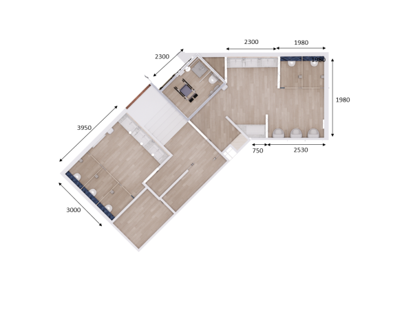 An overhead 3D rendering of a washroom layout with measurements, featuring white fixtures against a wooden floor, including individual stalls, sinks, and a separate shower area. This image presents an overhead, three-dimensional rendering of a modern washroom design, providing a clear and measured view of the layout. The space is efficiently organized, featuring stark white fixtures that stand out against the wooden flooring, enhancing the clean, contemporary feel. Individual stalls ensure privacy, while a dedicated shower area adds functionality to the design. The precise dimensions annotated throughout the plan enable one to appreciate the careful consideration given to spatial planning, emphasizing the balance between aesthetics and practicality. This layout encapsulates a modern approach to bathroom design, where form meets function in a harmonious ensemble.