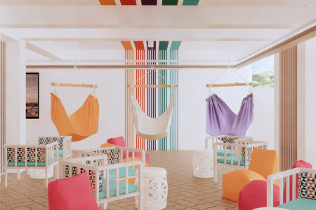 An eclectic and colorful lounge area featuring hanging hammock chairs and lively patterned furniture. This lounge area exudes a sense of energy and comfort through its vibrant color scheme and playful design elements. Suspended hammock chairs in shades of orange and purple serve as cozy nooks for relaxation, offering a novel seating option that encourages laid-back conversation and leisure. The space is furnished with a mix of patterned and brightly colored chairs, creating a cheerful and welcoming atmosphere. Geometric patterns on the furniture contrast with the simple elegance of the white tables and decorative ceramic stools, ensuring the area is not only aesthetically pleasing but also functional. The area is a perfect testament to design that marries fun with sophistication, ideal for social gatherings or solitary repose.