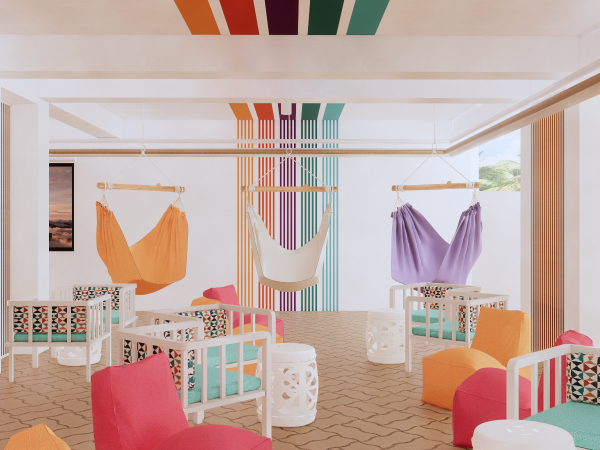 An eclectic and colorful lounge area featuring hanging hammock chairs and lively patterned furniture. This lounge area exudes a sense of energy and comfort through its vibrant color scheme and playful design elements. Suspended hammock chairs in shades of orange and purple serve as cozy nooks for relaxation, offering a novel seating option that encourages laid-back conversation and leisure. The space is furnished with a mix of patterned and brightly colored chairs, creating a cheerful and welcoming atmosphere. Geometric patterns on the furniture contrast with the simple elegance of the white tables and decorative ceramic stools, ensuring the area is not only aesthetically pleasing but also functional. The area is a perfect testament to design that marries fun with sophistication, ideal for social gatherings or solitary repose.