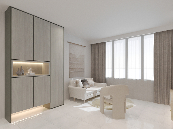 A serene living area with soft-toned wooden cabinets, a cozy cream sofa, unique contemporary chair, and textured wall art, illuminated by natural light from sheer-curtained windows. This living space exudes a tranquil sophistication with its minimalist design. The room features sleek, soft-toned wooden cabinets that provide ample storage while contributing to the room's serene atmosphere. A section of the cabinetry is thoughtfully illuminated, creating a display nook for decorative items that add a personal touch. The furnishings include a plush cream sofa that promises comfort and a sculptural contemporary chair that serves as both seating and art. Textured wall art hangs delicately, echoing the room's theme of tactile elegance. The space is bathed in natural light that filters through sheer curtains, highlighting the room's airy ambiance. The combination of clean lines, soft textures, and subtle colors creates a peaceful retreat that's both stylish and inviting.