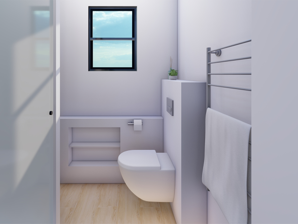 A minimalist bathroom with a floating toilet, built-in shelving, a heated towel rail, and a small square window offering a glimpse of the blue sky. The bathroom exudes a minimalist charm with its clean lines and uncluttered space. A wall-mounted, floating toilet design maximizes floor space, contributing to a more expansive feel in the compact area. The built-in shelving niche provides a practical storage solution without impeding the room's sleek aesthetic. A modern, heated towel rail stands ready to offer warm, dry towels, enhancing the room's comfort. The standout feature is a small, square window that perfectly frames the blue sky, inviting a piece of the outside world into this tranquil, private space. The design's simplicity allows for both functionality and a touch of luxury, making it a serene retreat.