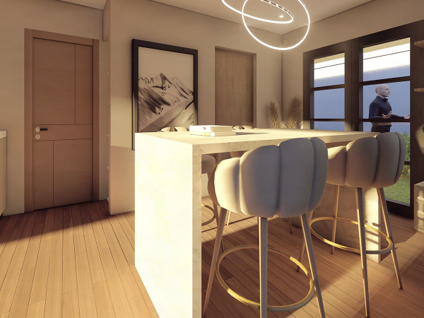 A corner of a chic kitchen featuring a high marble counter with elegant high-back bar stools, with a serene view through the windows and a minimalist art piece enhancing the sophisticated atmosphere. As the sun dips low, its remaining rays grace this stylish kitchen corner, highlighting the luxurious marble counter that serves as a gathering spot. The high-backed bar stools in a soft grey fabric offer both a visual appeal and a comfortable perch for casual dining or morning coffee. An eye-catching circular light fixture hangs overhead, adding a layer of modern elegance. The wall art contributes to the aesthetic with its abstract mountain scene, rendered in shades that mirror the kitchen’s earthy tones. Large windows frame the peaceful outdoor view, inviting tranquility into the space. This kitchen corner is a testament to refined taste and thoughtful design, providing a perfect blend of form and function.