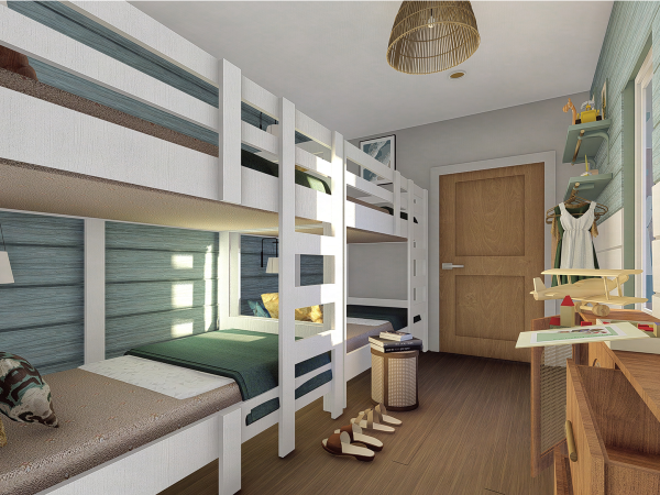 A children's bedroom with white bunk beds featuring teal accents, a natural woven ceiling lamp, and a playful study corner. This thoughtfully designed children's bedroom maximizes space without sacrificing style or fun. The room showcases a set of white bunk beds with clean lines and teal accents, offering both privacy and comfort for each bed. Sunlight filters through the windows, casting a cheerful glow across the textured bedding and patterned pillows. Above, a natural woven ceiling lamp adds an organic touch to the space, complementing the earthy tones of the room. To the side, a cozy nook features a wooden door and floating shelves adorned with books and playful decor, evoking a sense of whimsy. The room also includes a creative corner with a small desk and matching chair, providing a perfect spot for arts, crafts, and homework. Carefully placed on the wooden floor are slippers, ready for little feet to slip into after a day of adventure. With its balance of function and imagination, this bedroom is a charming retreat for any child to play, dream, and grow.