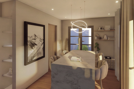 A modern dining area bathed in golden sunlight featuring a marble table, surrounded by plush chairs, under a chic circular light fixture, with shelves of curated décor and a framed abstract artwork enhancing the cozy ambiance. This inviting dining space combines contemporary elegance with a warm, inviting atmosphere. The room is illuminated by natural light streaming in through the window, casting a serene glow on the sleek marble dining table at the center. Comfort is key with the soft, upholstered chairs that encircle the table, inviting guests to linger over shared meals. Above, a modern circular light fixture adds an artistic touch to the room, while open shelving adorned with tasteful décor and potted plants brings personality and life to the space. A large framed piece of abstract art serves as a focal point, its monochromatic tones complementing the room’s neutral palette. This space is not just a dining area but a statement of style and comfort, harmoniously blended for everyday living.