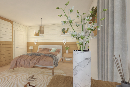 A cozy bedroom features a textured white wall with wooden accents, a large bed with plush terracotta bedding, and a striking marble vase with white flowers. This inviting bedroom harmonizes contemporary elegance with natural elements. The room is bathed in a warm, natural light that enhances the textured white wallpaper and the wooden wardrobe and door, creating a cohesive and serene space. Centrally placed on a circular jute rug, the large, comfortable bed is dressed in luxurious terracotta bedding with a rich, textured throw, complemented by crisp white sheets and accented pillows. Bedside, contemporary wall-mounted lights provide a soft glow, ideal for evening reading. A touch of sophistication is added with a sleek, tall marble vase on a modern side table, showcasing an arrangement of delicate white flowers that inject life and vibrancy into the room. Heavy grey curtains frame the window, offering both privacy and a tranquil backdrop for the natural wood nightstand that holds minimalist decor and everyday essentials. This bedroom is a carefully curated blend of comfort, style, and tranquility, perfect for rest and rejuvenation.