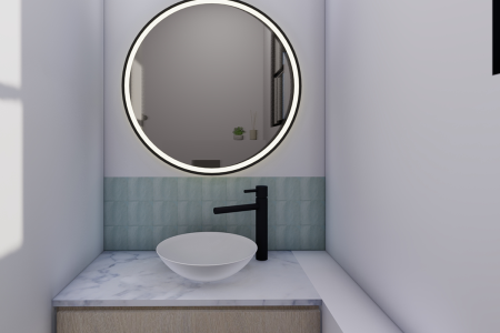A minimalist bathroom vanity featuring a round, illuminated mirror, a marble countertop, and a white vessel sink complemented by a matte black faucet against a teal tile backsplash. This elegantly simple bathroom vanity is the epitome of minimalist design, featuring a pristine white vessel sink that sits atop a marble countertop. The teal backsplash tiles add a splash of serene color, harmonizing with the matte black faucet. A round mirror with backlighting not only serves a functional purpose but also adds a modern touch with its ambient glow, creating a peaceful atmosphere that soothes and rejuvenates. This setup exemplifies how less can indeed be more, by combining functionality with a clean, uncluttered aesthetic.
