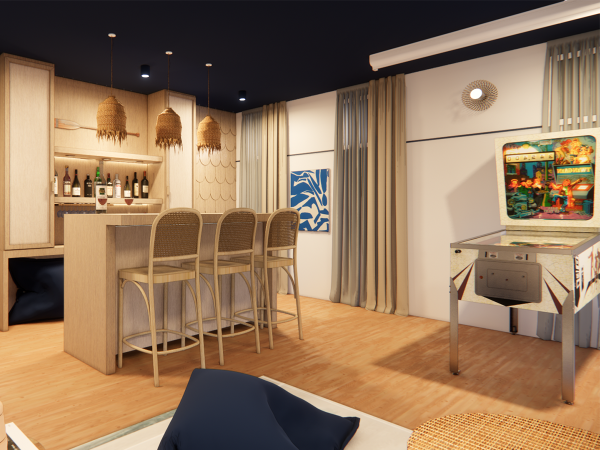 A chic home lounge area featuring a bar with rattan pendant lights, a vintage pinball machine, and modern art. This inviting space merges playfulness with sophistication, a scene within a modern home where retro gaming charm meets contemporary design. The bar counter, a central element of the room, is lined with high rattan-backed stools, providing a casual yet stylish spot for gatherings. Above, artisanal rattan pendant lights dangle, casting an intimate glow across the wooden bar surface, which is well-stocked with an array of spirits, hinting at the art of mixology celebrated here. Adjacent to the bar, the allure of nostalgia comes alive with a colorful, vintage pinball machine, ready to entertain. The room is accented with a bold piece of blue and white abstract art, adding a splash of color and artistic flair to the space. The soft drapery and a wall-mounted light fixture contribute to the atmosphere, creating a cozy corner that’s perfect for social evenings or quiet nights in. The wooden flooring enhances the warmth of the room, making it a perfect blend of modern comfort and retro fun.