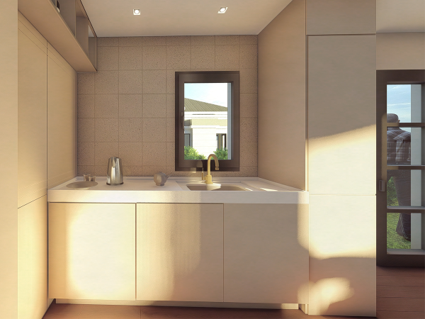 Sun-drenched modern kitchen corner with sleek beige cabinets and a minimalist sink under a large mirror. As the golden hour casts its warm glow, this modern kitchen corner bathes in natural light, emphasizing the clean lines and smooth surfaces of its design. Beige cabinetry provides ample storage, reflecting both the practicality and elegance of minimalist style. The large mirror extends the room's dimensions, doubling the serene ambience. A simple, stylish sink faucet completes the functional yet sophisticated space, perfect for tranquil mornings or peaceful evening routines.