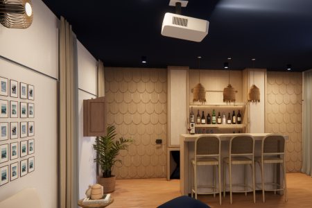 A cozy home bar corner featuring textured wall patterns, hanging wicker lamps, and a gallery wall of framed photographs. This image captures a tranquil corner of a modern home designed for socializing and relaxation. The home bar setup is defined by its unique textured wall that creates a backdrop reminiscent of soft sand waves, complemented by a series of hanging wicker lamps that cast a warm and inviting glow. A neat wooden bar, lined with high stools that combine a natural wood finish with woven seating, invites guests to sit and enjoy a drink. To the left, a gallery wall features a grid of framed photographs, bringing personal flair and life to the space. The clean, modern design of the furniture and the choice of neutral and earthy tones evoke a sense of serenity and warmth, creating an ideal spot for unwinding with friends and family in a sophisticated yet laid-back environment.