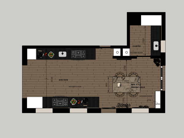 Architectural top-down layout showcasing a well-organized kitchen with adjacent bar-style dining area on wooden flooring. This detailed top-down layout illustrates an efficiently designed modern kitchen and dining area that maximizes space and functionality. The kitchen is equipped with state-of-the-art appliances neatly lined against the wall, a central island for additional prep space, and salads ready to be served, hinting at a culinary haven for those who love to cook. Parallel to the kitchen lies a bar-style dining area, inviting intimate meals with a modern aesthetic. Each area is carefully demarcated, maintaining an open flow within the space, while the consistent wooden flooring adds warmth and cohesiveness. This design promises a balance between practicality and style, ideal for contemporary living.