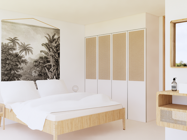 A contemporary bedroom featuring a light wood bed with white bedding, a large tropical wall tapestry, rattan accents, and a minimalist wooden vanity.This serene bedroom blends contemporary design with tropical inspiration, creating a peaceful retreat. The focal point is a large wall tapestry that hangs above the bed, depicting a lush tropical landscape in grayscale, evoking a sense of calm and connection to nature. The bed itself is made of light, natural wood and is dressed in pristine white bedding, complementing the room's airy feel. To the side, a modern wooden vanity with rattan detailing serves both as a functional piece and a design element that adds warmth and texture. The closet doors, also accented with rattan, echo the vanity's design, providing a cohesive look. A simple wooden chair with a woven seat enhances the naturalistic theme. This space is thoughtfully curated to balance minimalism with organic motifs, making for a tranquil space that encourages rest and relaxation.