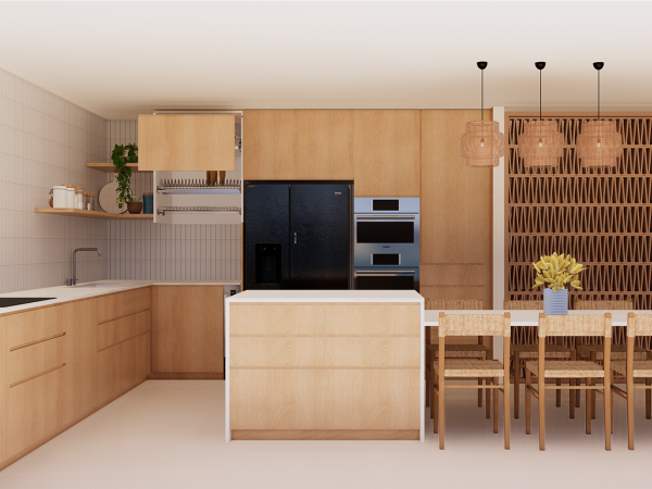 A modern kitchen with light wood cabinetry, integrated appliances, and a dining area with woven chairs. The image captures the essence of modern simplicity within a warm kitchen and dining area. The space is characterized by its light wood cabinetry, providing a natural and minimalist aesthetic. The kitchen boasts sleek, integrated appliances, including a high-end oven and a contemporary refrigerator, seamlessly blending with the clean lines of the cabinets. A white countertop with an undermount sink and a minimalist faucet continues the uncluttered design, complemented by subtle grey backsplash tiles that offer a slight contrast. Open shelving with potted greenery introduces a fresh, organic touch. Over the dining area, pendant lights with woven details hang above the table, where chairs with woven seats await, inviting intimate meals. A large wooden trellis-style panel adds texture and interest, acting as a unique backdrop. A potted yellow plant adds a pop of color and vibrancy to the serene palette. This kitchen and dining space is a testament to the beauty of simplicity, where form and function coexist in harmony.