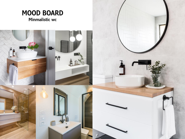 Collage of four minimalist bathroom designs featuring wooden accents, vessel sinks, and large mirrors. This mood board showcases four different minimalist bathroom designs unified by their clean, sleek aesthetics. The top-left image captures a warm wooden vanity with a white vessel sink, adorned with simple toiletries and a gray towel, set against a herringbone tile backdrop. Top-right, a large, round mirror complements a similar basin, with black fixtures providing a stark, modern contrast against the light tiles. Bottom-left features an expansive bathroom with wood-paneled walls and a glass-enclosed shower, conveying a spa-like atmosphere. Lastly, the bottom-right photo portrays a white vanity with a wooden countertop holding a white vessel sink, with black hardware adding a contemporary flair. Together, these images represent a serene and modern approach to bathroom design, highlighting the beauty of minimalism.