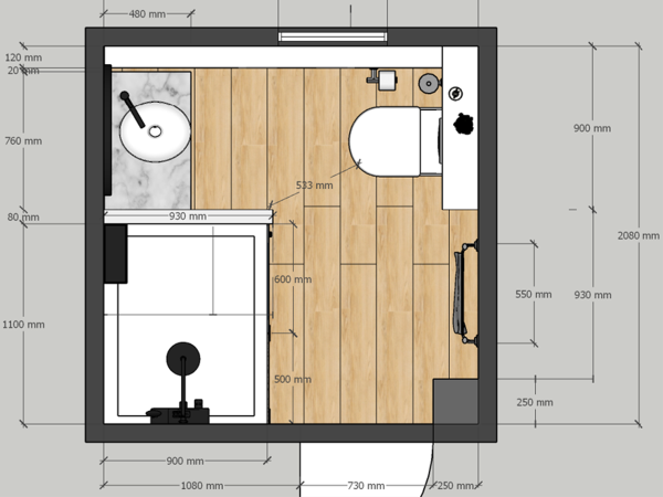 Architectural plan of a bathroom featuring a shower, toilet, and basin, with dimensions marked in millimeters. The image presents a detailed architectural layout of a contemporary bathroom, measured precisely to scale. The design features a stand-alone shower, a toilet, and a basin set against a marble countertop, all laid out over a wooden floor for a warm and modern feel. With each component strategically placed to maximize the efficiency of the space, this plan demonstrates the meticulous attention to detail required for creating a functional and stylish bathroom. The clear annotations of dimensions in millimeters provide an easy-to-follow guide for construction or remodeling.
