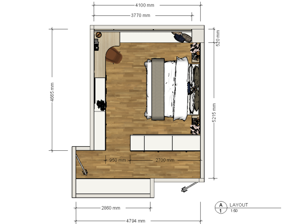Overhead view of a modern bedroom layout featuring a large bed with white bedding, wooden flooring, built-in wardrobes, and strategic lighting placement. This floor plan offers a glimpse into the design of a contemporary bedroom where space utilization is key. It features a large double bed centered in the room, flanked by built-in wardrobes and shelving units that maximize storage in a minimalist fashion. The wooden flooring adds warmth to the room, complemented by the soft, white bed linens. Carefully placed lights enhance the ambiance, showcasing how lighting is integral to modern interior design. Dimensions are provided for precision planning, making it a practical representation for architects and designers.