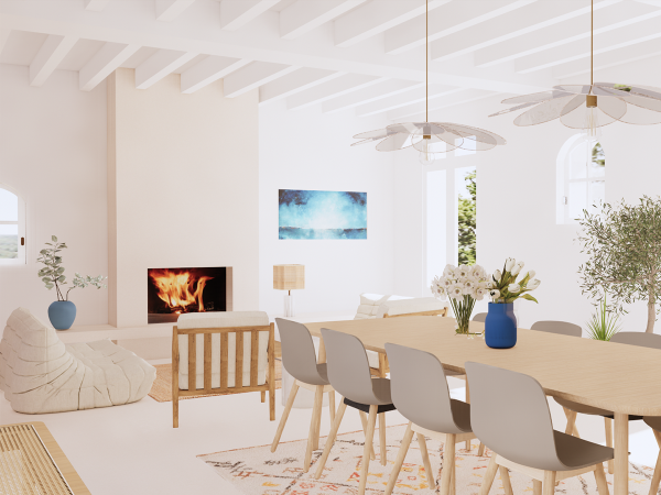 A bright and airy dining room with an open fireplace, large wooden dining table with grey chairs, and decorative ceiling lights. This image showcases a spacious dining room bathed in natural light, exuding cozy elegance and modern charm. The room features an expansive wooden dining table with smooth, rounded edges, surrounded by sleek grey chairs that provide comfortable seating for gatherings. Above, unique decorative ceiling lights with floral accents hang delicately, contributing to the room's modern aesthetic. To the side, a beige bean bag chair offers a relaxed seating option, inviting casual conversation. A live-edge console rests against the wall, adorned with a lamp casting a warm glow. An open fireplace adds a focal point and warmth to the space, while potted olive trees bring a touch of greenery indoors. Abstract wall art in soothing blue tones complements the serene ambiance. The overall design speaks to a harmony of comfort and contemporary style, perfect for a home that values both relaxation and tasteful decor.