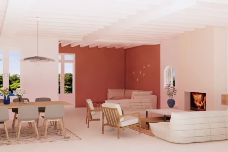 Modern living room rendering with peach and terra-cotta walls, cream sectional, wooden furniture, and a cozy fireplace. This image portrays a beautifully rendered modern living room that exudes warmth and contemporary charm. The visual focuses on a harmonious color palette featuring peach and terra-cotta walls that create an inviting atmosphere. Central to the room is a cream sectional sofa, offering plush seating, while a sleek wooden dining table with matching chairs suggests functionality meets style. A unique pendant light hangs above, casting a gentle glow over the space. The room is accented with delicate wall art and fresh greenery in a vase, which injects life and color. An elegant fireplace with a visible flame adds a touch of coziness, making the room an ideal space for relaxation and social gatherings. The interior balances clean lines and soft textures, promising a serene yet stylish living experience.