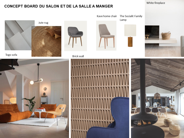 Interior design concept board featuring a Togo sofa, a jute rug, a Kave home chair, a brick wall texture, a modern white fireplace, and complementary decor pieces. The concept board presents a tastefully curated collection of interior design elements for a living and dining area that balances rustic charm with modern aesthetics. At the heart lies a plush Togo sofa in a rich terracotta hue, offering an inviting embrace with its ergonomically sculpted design. This central piece is accentuated by the natural texture of a circular jute rug beneath it, infusing a touch of organic warmth. Nearby, the Kave home chair pairs minimalist grey fabric with sleek wooden legs, symbolizing functional simplicity. A captivating brick wall texture provides a backdrop, suggestive of an urban loft's industrial edge. The scene is softly illuminated by the minimalist elegance of the Socialit Family Lamp, while a contemporary white fireplace anchors the space in serene modernity. In the background, an open-plan living space reveals wooden beams overhead, a trio of woven pendant lights, and a cluster of rattan ottomans, creating an atmosphere where every detail contributes to a cohesive narrative of style and comfort.