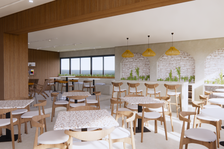Spacious cafeteria with a fusion of modern furniture and rustic architectural elements, enhanced by natural lighting and woven lighting fixtures. This image captures the essence of a dining area where contemporary design meets classic rustic charm. The space is an ensemble of sleek, modern furniture and the timeless beauty of rustic architectural elements. The wooden tables with terrazzo tops, complemented by the soft curves of the surrounding white chairs, offer a modern take on cafeteria seating. Arching over the scene are majestic stone arches, each framing a well-manicured array of greenery, infusing the space with an air of tranquility. Woven pendant lights hang from the ceiling, casting a warm, ambient light that enriches the dining experience. The expansive windows not only allow for an abundance of natural daylight to brighten the space but also provide diners with picturesque views of the landscape beyond. The blend of wood finishes, from the flooring to the ceiling beams, adds a cohesive warmth throughout, while the overall layout promotes easy movement and social interaction. This cafeteria is more than just a place to eat; it’s a celebration of design elements that come together to create an inviting and aesthetically pleasing environment for all who gather here.