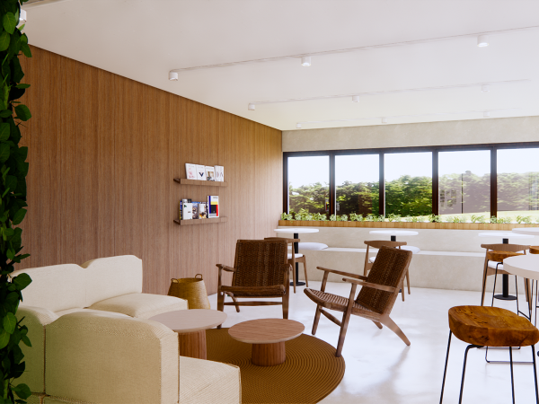 Cafeteria lounge area with textured wood paneling, comfortable cream seating, rattan accents, and ample natural light from large windows. Step into this cafeteria's lounge corner, a space crafted to marry comfort with contemporary chic. Textured wooden paneling envelops the area, exuding warmth and organic elegance. A collection of cream-colored lounge chairs, each boasting a plush and inviting appearance, offers a welcoming embrace. The chairs are complemented by rattan accent tables and seating, adding a touch of artisanal craftsmanship to the setting. Strategic lighting from recessed fixtures above casts a gentle ambiance, while the large panel windows frame a verdant outdoor view, inviting the calmness of nature indoors. A minimalist shelf with reading materials hangs on the wall, ready to provide a mental escape for those who linger. The bar-style seating along the window presents a perfect perch for sipping a beverage or enjoying a casual meal, all while bathed in the soft, natural daylight that completes this picture of tranquility and style.