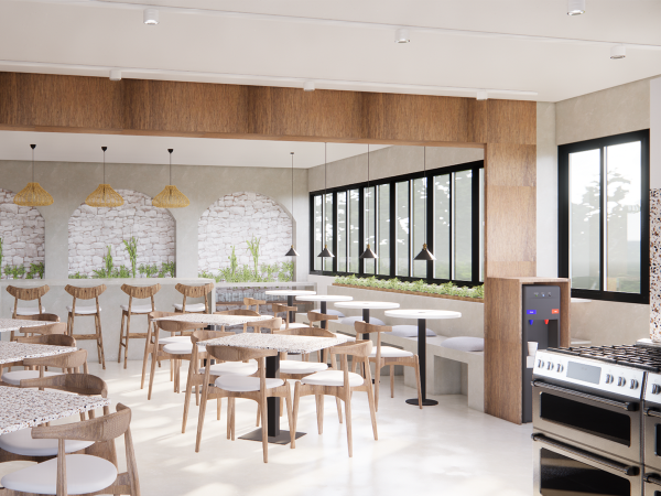 Renovated cafeteria interior featuring rustic stone walls, wooden beams, contemporary furniture, and woven light fixtures, under a bright and airy ambiance. Behold the transformation of a traditional dining hall into a space of rustic refinement. This cafeteria blends the warmth of tradition with the crisp, clean lines of modern design. The eye is immediately drawn to the charming stone walls that stand in beautiful contrast to the sleek, wooden beams above. Natural light floods the space, enhancing the earthy textures and highlighting the plants that add a touch of greenery to the indoor setting. Tables with terrazzo tops and wooden chairs are scattered thoughtfully throughout the room, offering diners both style and comfort. Above, woven light fixtures cascade a soft, patterned glow, complementing the organic vibe. The scene is anchored by modern appliances that promise efficiency and convenience, while the large windows provide views of the outside landscape, inviting the tranquility of nature into the daily bustle of mealtime. This space is a testament to thoughtful design, where every element works together to create an inviting atmosphere that nourishes both the body and the soul.