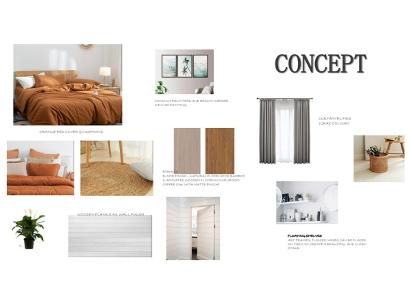 Bedroom concept collage featuring an orange bed cover, coconut palm tree artwork, gray curtain blinds, rattan basket, wooden wall finish, and floating shelves. The image presents a well-curated bedroom concept collage that exudes warmth and comfort through its earthy tones and textures. The dominant feature is an inviting bed draped in an orange bed cover with complementary cushions, creating a cozy and restful atmosphere. Above the bed hangs a serene canvas painting inspired by coconut palm trees and beach scenery, adding a touch of tranquility to the room. To the right of the bed, elegant gray curtain blinds offer a sophisticated window dressing solution that provides privacy and light control. The room's ambiance is further enriched by the inclusion of a rattan basket, perfect for adding a natural decorative element or for practical storage. The flooring is represented by a sample of FORMICA's natural floor spice bamboo, a laminate wooden flooring in planked coffee oak with a matte finish that adds depth and warmth underfoot. Completing the scene, a white wooden plank wall finish infuses a rustic yet modern charm, while floating shelves provide a sleek display area for art frames and flower vases, suggesting an organized and aesthetically pleasing living space.