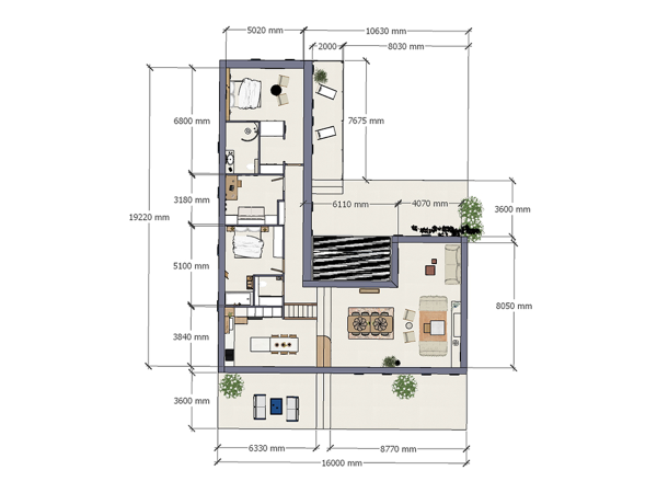 An overhead architectural plan of a modern home featuring dimensions for each room, furniture placement, and decorative elements. This architectural plan offers a bird’s eye view of a well-appointed modern home, boasting meticulous attention to spatial design and detail. The layout reveals a generous living space of 19220 mm by 10630 mm, with rooms neatly allocated for optimized flow and functionality. The living room, marked at 6800 mm by 5100 mm, is cleverly arranged to promote social interaction, centered around a cozy seating area with a plush sofa and chairs, a coffee table, and a piano, indicating a fusion of relaxation and cultural enrichment. The adjoining kitchen spans 6110 mm by 4070 mm, featuring a central island that doubles as a dining space and a culinary hub, with modern appliances and ample counter space for meal preparations. To the right, a more formal dining area is set with a table and comfortable seating, framed by large windows that invite natural light and offer views of the outside greenery. Each section is carefully measured, down to the placement of potted plants and decorative elements, ensuring a harmonious balance between aesthetics and practicality. The plan stands as a blueprint for a residence that prioritizes both style and substance, guiding the eye through an intuitive and luxurious domestic landscape.