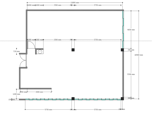 Black and white technical floor plan with marked dimensions for each room and architectural element. The technical drawing depicts an exact floor plan, displayed in a black and white schematic that communicates the precise measurements required for construction or renovation. Each line and number signifies the meticulous calculations involved in the design process, ensuring every inch of the space is accounted for and utilized effectively. The plan shows various rooms delineated by solid and dashed lines, indicating walls and partitions. Key structural components are labeled with their size in millimeters, illustrating the scale and scope of the project. The inclusion of doorways, fixtures, and architectural nuances are critical, pointing to a thoughtful consideration of movement and flow within the space. This image serves as an essential blueprint for architects, builders, and designers, laying the groundwork for transforming conceptual layouts into tangible structures.