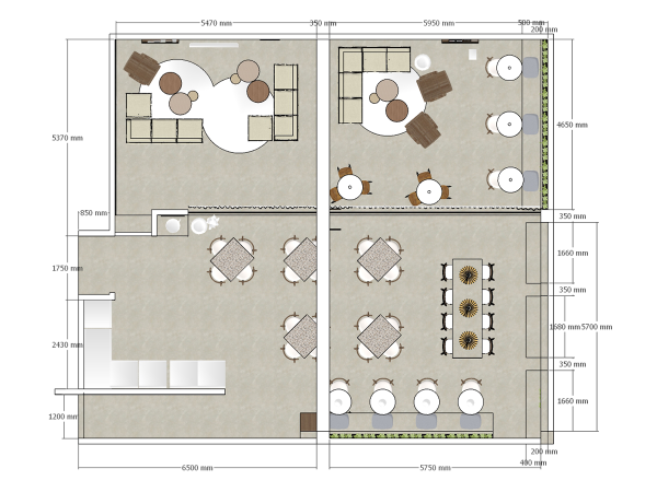Overhead architectural plan of a multi-functional space with detailed measurements, furniture arrangement, and design elements. This architectural plan offers a comprehensive top-down view of a meticulously planned space designed for efficiency and aesthetic appeal. The image illustrates a multi-room layout complete with precise measurements that delineate the placement of each piece of furniture and fixture within the environment. The careful arrangement of round tables paired with chairs, rectangular communal tables, and plush seating areas fosters a sense of community and collaboration. Each section is crafted to serve its unique purpose, whether for meetings, dining, or relaxation, and is defined by clear, measurable boundaries that ensure a harmonious flow throughout the space. The inclusion of decorative plant beds adds a touch of nature and wellness, while the strategic use of carpeting defines zones and pathways. This plan not only serves as a guide for construction but also as an inspiration for creating functional, flexible, and welcoming environments in commercial or residential settings.