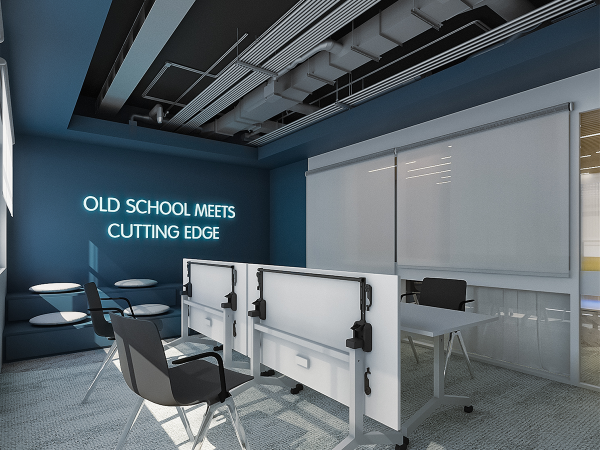 Contemporary office featuring a bold blue wall with neon sign, modern furniture, and architectural ceiling details. This image captures a modern office space where heritage charm and cutting-edge design unite. The striking deep blue walls provide a dynamic contrast to the clean lines of the white desks and sleek, black office chairs. A neon sign on the wall boldly declares 'OLD SCHOOL MEETS CUTTING EDGE', encapsulating the office's blend of traditional values and modern innovation. Above, the ceiling opens up to reveal an intricate expanse of exposed ductwork and structural elements, painted in a monochrome palette that complements the office's modern aesthetic. To the side, round bar tables paired with minimalist stools offer a casual spot for quick meetings or coffee breaks. The large window, shaded by a translucent blind, ensures the room is awash with soft, natural light, creating an inviting atmosphere that encourages creativity and collaboration. The overall design of this space reflects a forward-thinking workplace that values both form and function.