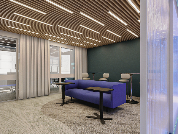 Modern office lounge area with deep teal walls, a striking blue sofa, wooden slatted ceiling with recessed lighting, and contemporary bar stools. This office lounge area is the embodiment of modern corporate chic, featuring a stunning combination of color, texture, and light. The deep teal walls create a backdrop of sophisticated calm, against which a vibrant blue sofa makes an assertive statement of style and comfort. The organic curvature of the sofa invites informal meetings or moments of relaxation. Above, the ceiling captivates with its architectural slatted wood design, embedded with sleek, recessed lighting that casts an ambient glow throughout the space. A circular area rug in neutral tones softens the room, complementing the understated elegance of the draped curtains. The high bar stools and tables provide a casual yet classy space for impromptu discussions or coffee breaks. To the right, an artistic water feature adds a sense of tranquility with its soft blue light, marrying the elements of water and light in a dance of serenity. This image encapsulates a workspace that doesn’t just cater to functional needs but also uplifts the spirit, encouraging creativity and collaboration in a stylish setting.