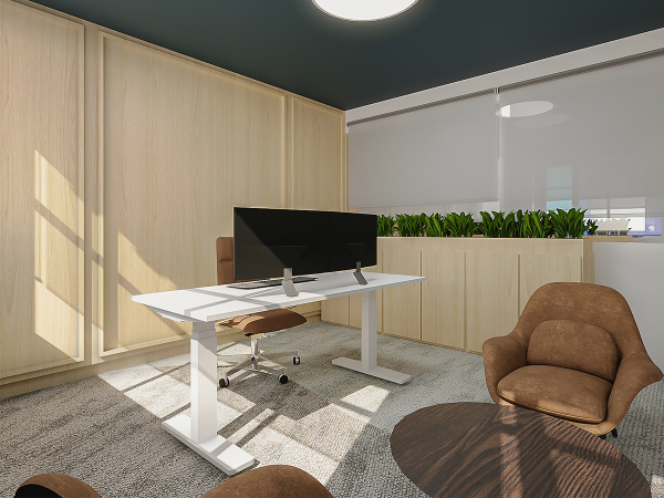 Bright and airy office space with a clean white desk, ergonomic brown chair, lush plant divider, and cozy suede armchair, under soft natural light. This office space is a serene haven that captures the essence of a Zen workspace, designed to harmonize productivity with well-being. Natural light pours in, casting soft shadows across the minimalist white desk that serves as the cornerstone of personal efficiency. An ergonomic chair in a rich brown hue awaits the professional, offering both comfort and support during the workday. Acting as a natural divider, a line of vibrant green plants stretches across the wooden cabinetry, infusing the space with life and a breath of fresh air. A luxurious suede armchair in the corner creates a welcoming nook for moments of relaxation or contemplative solitude. The subtle interaction of light and texture, from the soft gray carpet to the tranquil wall colors, culminates in a workspace that not only promotes focus but also provides a peaceful retreat from the bustling corporate environment.