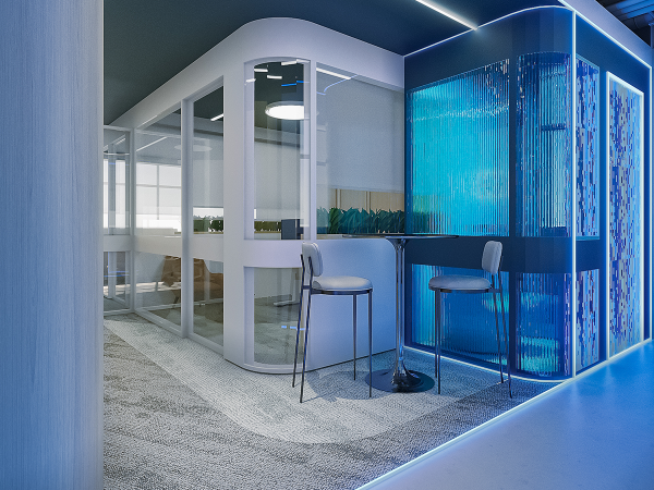 Futuristic office breakout space with blue lighting accents, bar seating, and an illuminated water feature for a relaxed, innovative atmosphere. Step into the future of workplace design with this innovative office nook, where cutting-edge aesthetics and functionality converge. The space is illuminated by striking blue LED lighting that traces the floor's perimeter, leading to a chic bar-style seating area perfect for informal meetings or solitary reflection. Contemporary stools are placed alongside a high, sleek table, offering a spot for impromptu collaboration or a casual coffee break. To the right, an impressive illuminated water feature creates a dynamic visual element, its cascading blue strands providing a calming, yet vibrant, backdrop. Overhead, modern pendant lights cast a gentle glow, while the open glass-walled meeting room in the background promises transparency and collaborative spirit. The textured gray carpet adds a tactile element to the space, enhancing the acoustic quality and comfort. This office nook isn’t just a place to take calls; it's a meticulously designed area that encourages creativity and offers a tranquil escape from the bustling office environment.